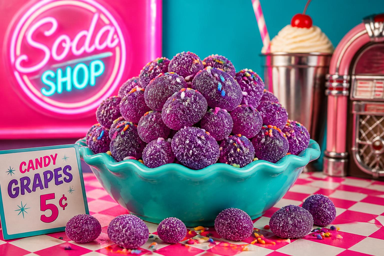 Bowl of sugar-frosted purple candy grapes on a retro diner counter
